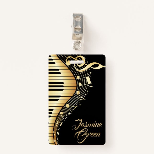 Tarjeta De Identificación Monogramed Black And Gold Music Notes (Anverso con clip)