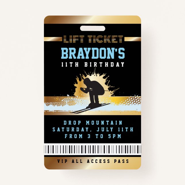 Tarjeta De Identificación MONTAÑA DE SKI SKIER Cumpleaños TODO ACCESO Ticket (Anverso)