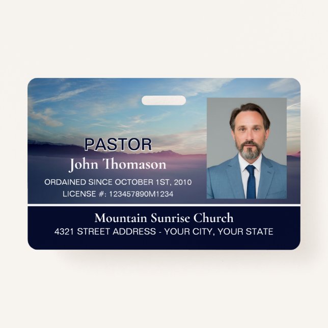 Tarjeta De Identificación Mountain Sunrise Blue Church Membership Clergy ID (Anverso)