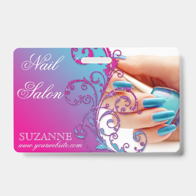 Tarjeta De Identificación Nail Salon Technist Floral Damask Pink Blue  (Parte frontal)