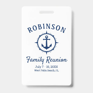 Tarjeta De Identificación Nautical Anchor Family Reunion Naval azul y blanco