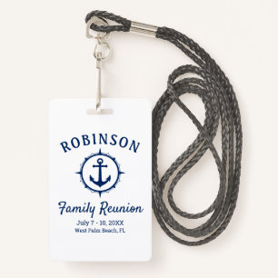 Tarjeta De Identificación Nautical Anchor Family Reunion Naval azul y blanco