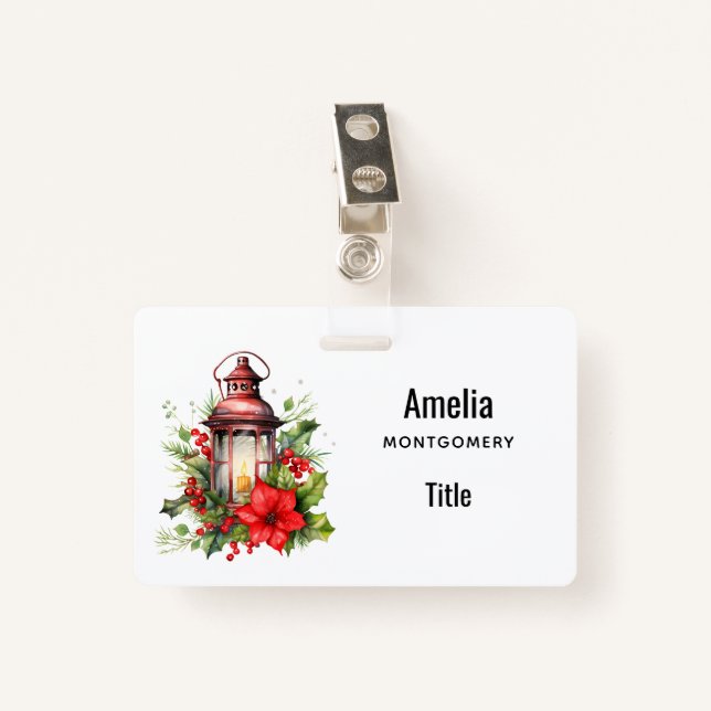 Tarjeta De Identificación Navidades rojos Lantern Poinsettia y Pine (Anverso con clip)