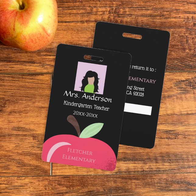 Tarjeta de identificación negra con foto para pers (Red apple school staff vertical black photo ID badge .)