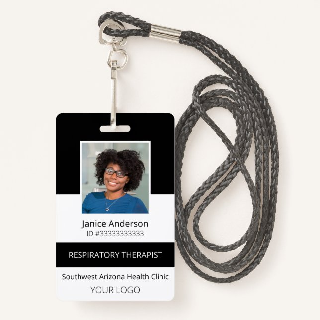 Tarjeta de identificación negra de empleado fotogr (Anverso son cordón)