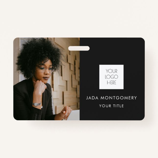 Tarjeta de identificación negra | Foto Y Logo Mini (Anverso)