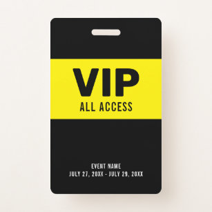 Tarjeta De Identificación Negro Amarillo VIP All Access Pass ID Badge