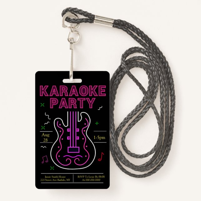 Tarjeta De Identificación Neon Karaoke Fiesta (Anverso son cordón)