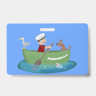 Tarjeta De Identificación Niño marinero lindo y perro remando barco dibujo a