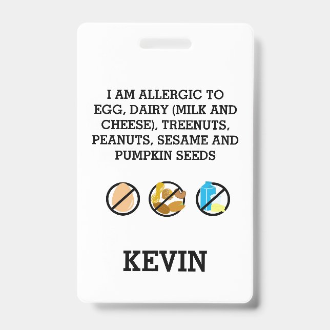 Tarjeta De Identificación Niños personalizados Alerta Alergia Alimenticia Sí (Parte frontal)