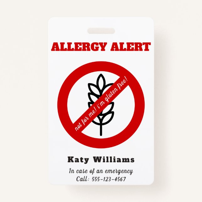 Tarjeta De Identificación No para mí, ¡estoy libre de gluten! Alerta alérgic (Anverso)