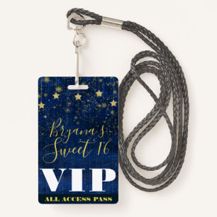 Tarjeta De Identificación Noche bajo el Stars Gold Blue Sweet 16 VIP Pass