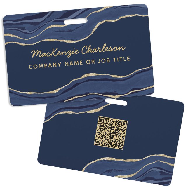 Tarjeta De Identificación Nombre de código QR de la Marina Blue Marble Agate (Navy blue agate marble geode QR code business professional name id badge)