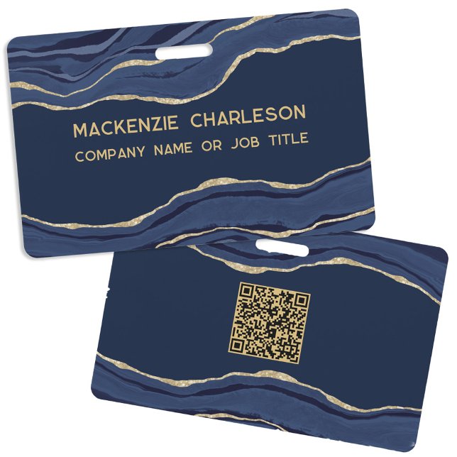 Tarjeta De Identificación Nombre de código QR de la Marina Blue Marble Agate (Navy blue gold marble agate geode professional business QR code name id badge)
