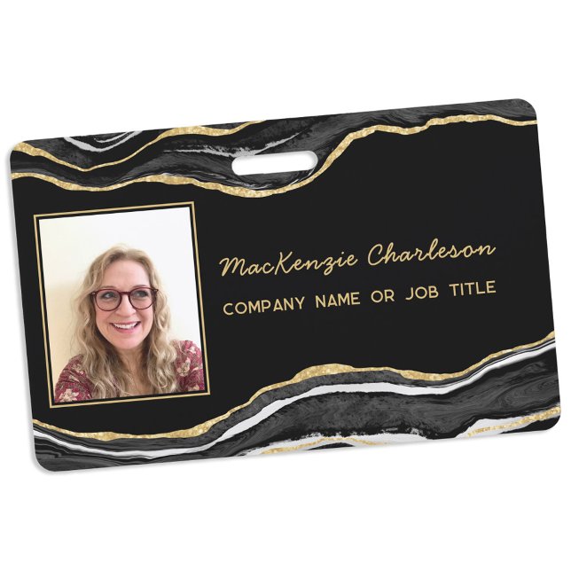 Tarjeta De Identificación Nombre de identificación de foto comercial de Geod (Black marble agate geode gold business photo id name badge)