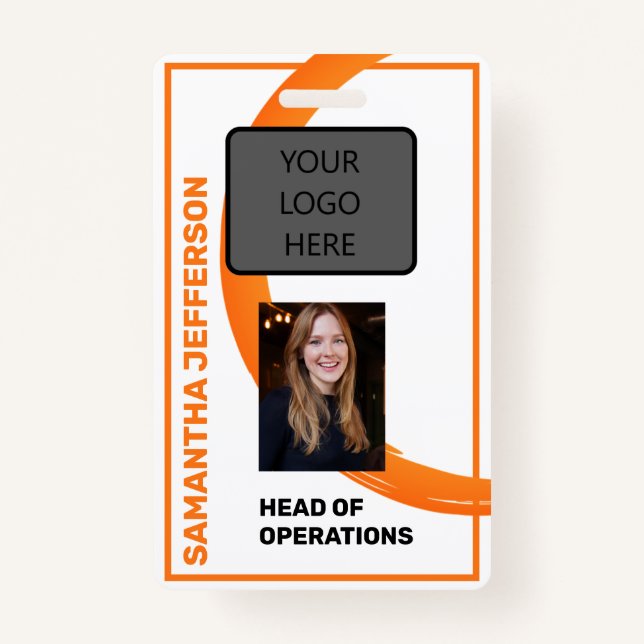 Tarjeta De Identificación Nombre del empleado de Swirl naranja, Foto, Título (Anverso)