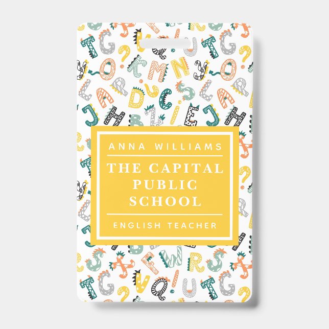 Tarjeta De Identificación Nombre del profesor de escuela primaria Cute Dino  (Parte frontal)