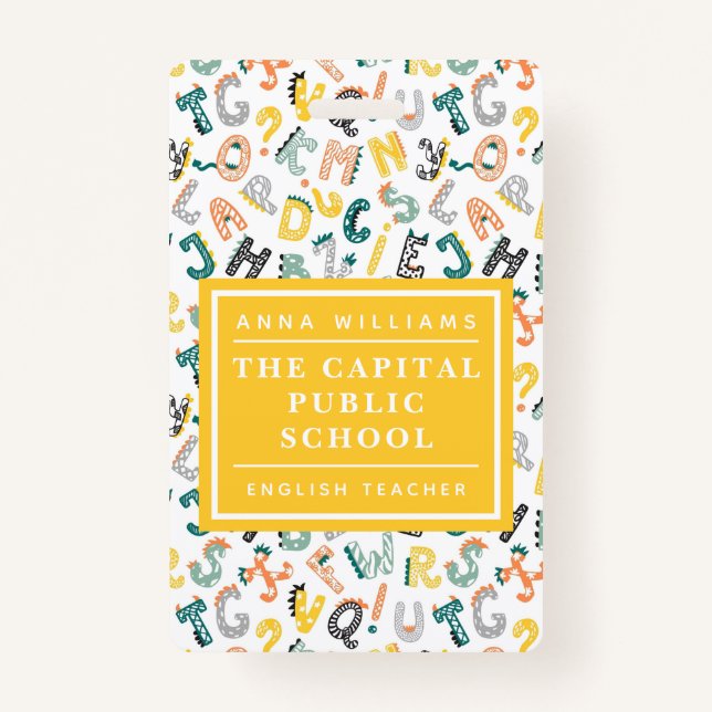 Tarjeta De Identificación Nombre del profesor de escuela primaria Cute Dino  (Anverso)