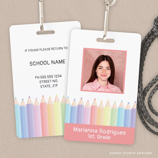 Tarjeta De Identificación Nombre del profesor del arcoiris personalizado Fot (Front and back of ID shown. Personalize with your photo and information. Choose attachment type.)