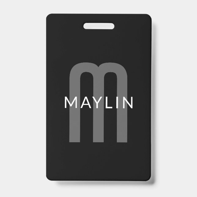 Tarjeta De Identificación Nombre monogramado de aspecto moderno | Negro Gris (Parte frontal)