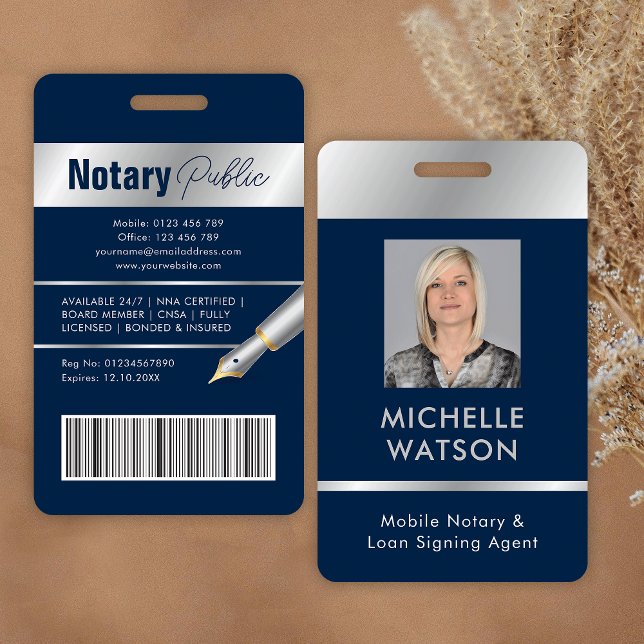 Tarjeta De Identificación Notario empleado de la Fiscalía Pública Foto Marin (Professional employee photo ID badge in navy blue and silver)