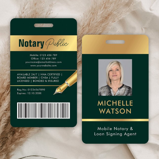 Tarjeta De Identificación Notary Loan Siging Agent Photo ID Green & Gold (Stylish employee photo ID badge in emerald green and gold)