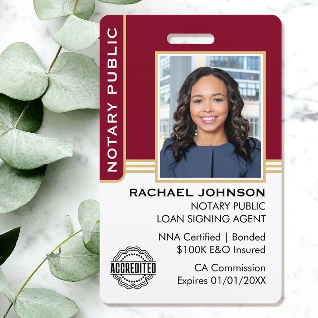 Tarjeta De Identificación Notary Public Loan Siging Agent ID Burgundy Gold (Subido por el creador)
