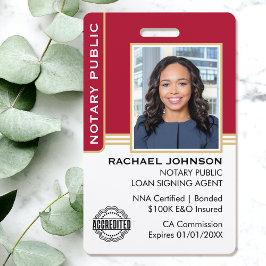 Tarjeta De Identificación Notary Public Loan Siging Agent ID Red Gold