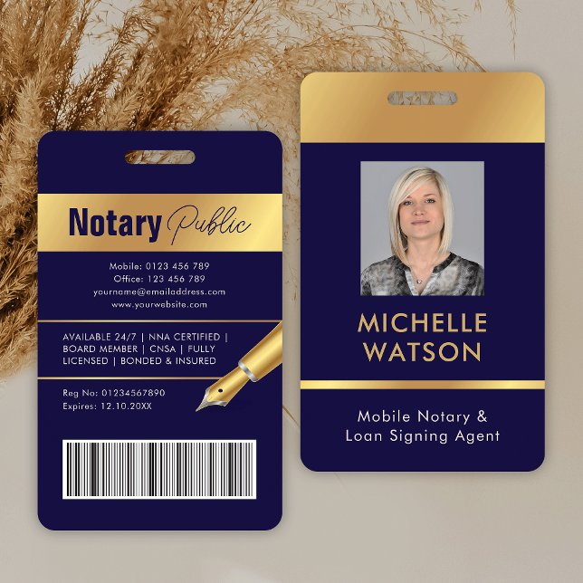 Tarjeta De Identificación Notary Public Loan Signing Agent Employee Photo ID (Modern employee photo ID badge in navy blue and gold)