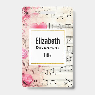 Tarjeta De Identificación Notas musicales y Rosas Diseño vintage