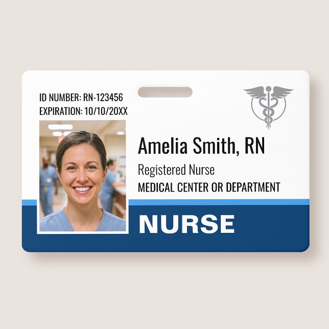 Tarjeta De Identificación Nurse ID Badge Photo Logo Modern Blue RN Template (Subido por el creador)