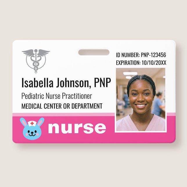 Tarjeta De Identificación Nurse ID Badge Photo Logo Rabbit Pink Pediatric (Subido por el creador)