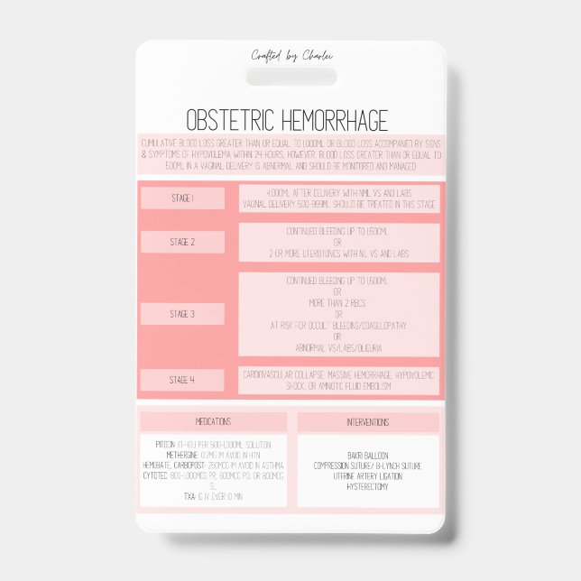 Tarjeta De Identificación Obstetric Hemorrhage Reference Nurse Badge (Anverso)
