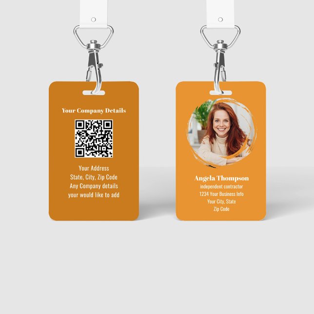 Tarjeta De Identificación Orange Modern Photo QR Code Employee (Orange employee photo ID badge with QR code template.)