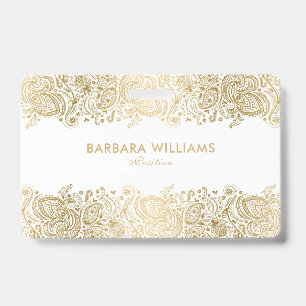 Tarjeta De Identificación Oro Giratorio Sobre El Lazo De Paisley Floral Blan