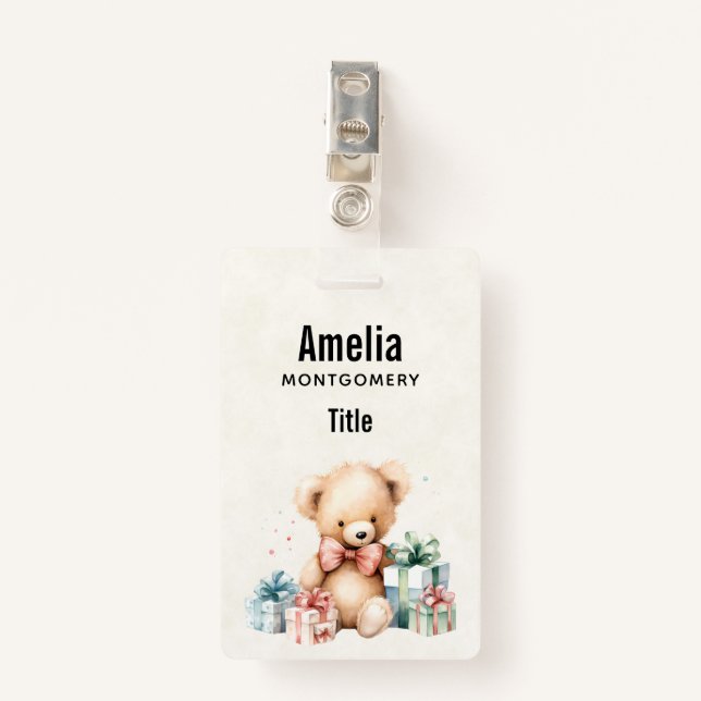 Tarjeta De Identificación Oso de peluche con regalo de Navidad (Anverso con clip)