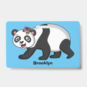 Tarjeta De Identificación Oso panda lindo y feliz con dibujo animado de flor