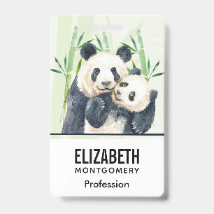 Tarjeta De Identificación Panda color agua rompe con mamá y bebé en Bambú