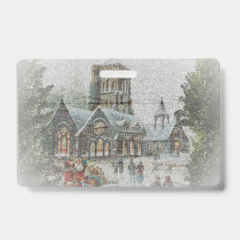 Tarjeta De Identificación Papá Noel de antaño con niños frente a una iglesia