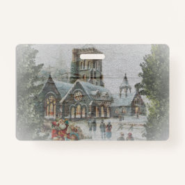 Tarjeta De Identificación Papá Noel de antaño con niños frente a una iglesia