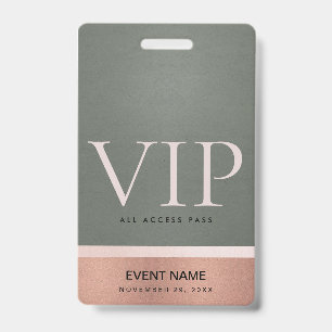TARJETA DE IDENTIFICACIÓN PASE DE ACCESO A EVENTO VIP ROSE GOLD BLUSH GRIS A