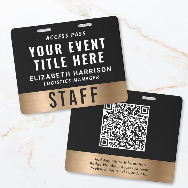 Tarjeta De Identificación Pase de Acceso de Identificación de Evento de Códi (Luxury QR Code Black Gold Event Access Pass ID Badge)