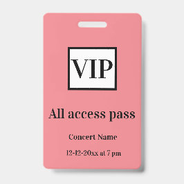 Tarjeta De Identificación pase de acceso total simple vip nombre del concier