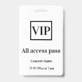 Tarjeta De Identificación pase de acceso total simple vip nombre del concier