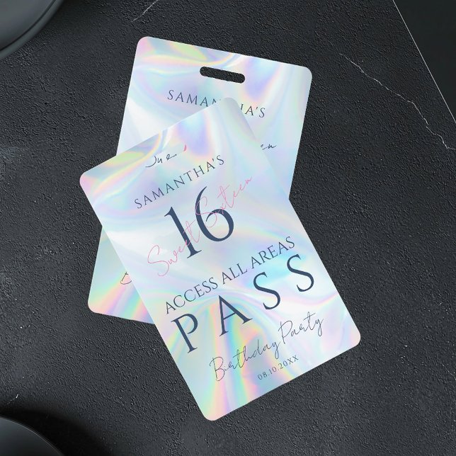 Tarjeta De Identificación Pase de Acceso VIP Cumpleaños 16 Holográfico (Modern Sweet 16 VIP Pass Holographic ID Badge)