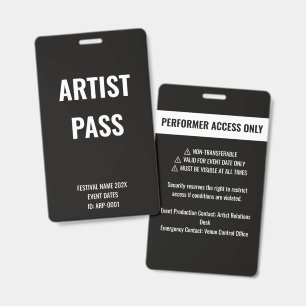 Tarjeta De Identificación Pase de artista intérprete personalizado negro acc
