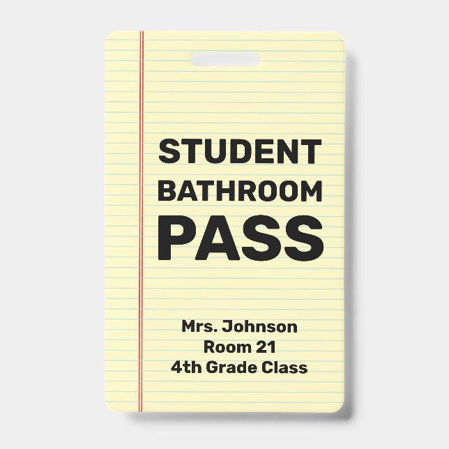 Tarjeta De Identificación Pase de baño para estudiantes personalizados (Parte frontal)