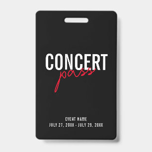 Tarjeta De Identificación Pase de concierto rojo, negro y blanco. Placa de i