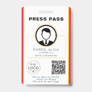 Tarjeta De Identificación Pase de prensa personalizado con ID de foto y códi