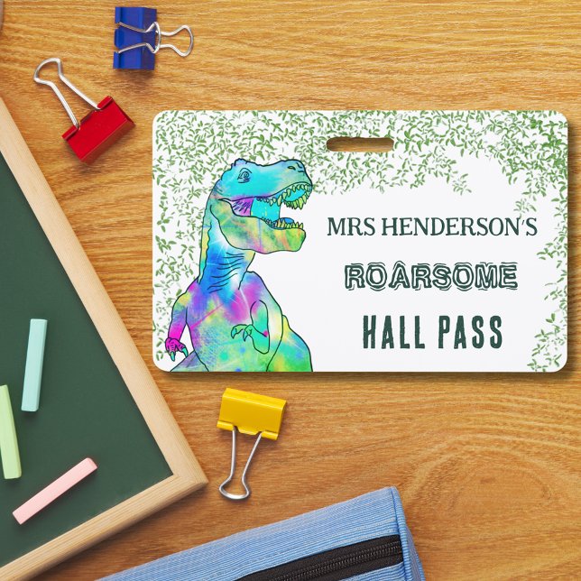 Tarjeta De Identificación Pase de Sala de Maestros de Escuela Dinosaurio Emo (T-rex dinosaur school teacher personalized hall pass colorful tyrannosaurus roarsome green script)